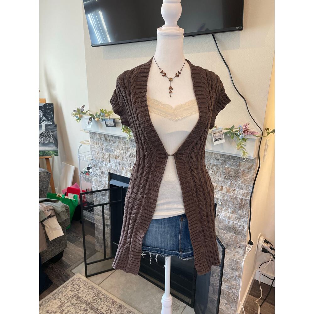 (Sold)brown y2k long line short sleeve cable knit cardigan